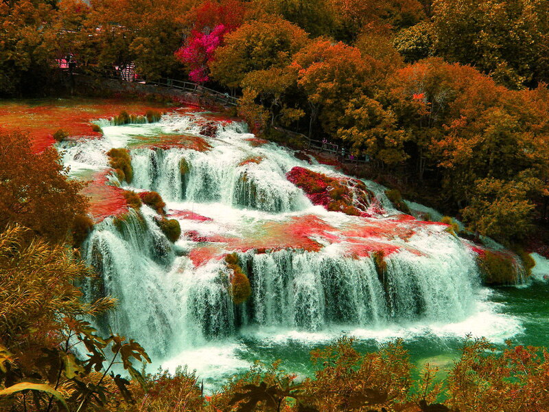 Multi-tiered Waterfall — Green, Serene, Autumn, Photograph, Trees, River