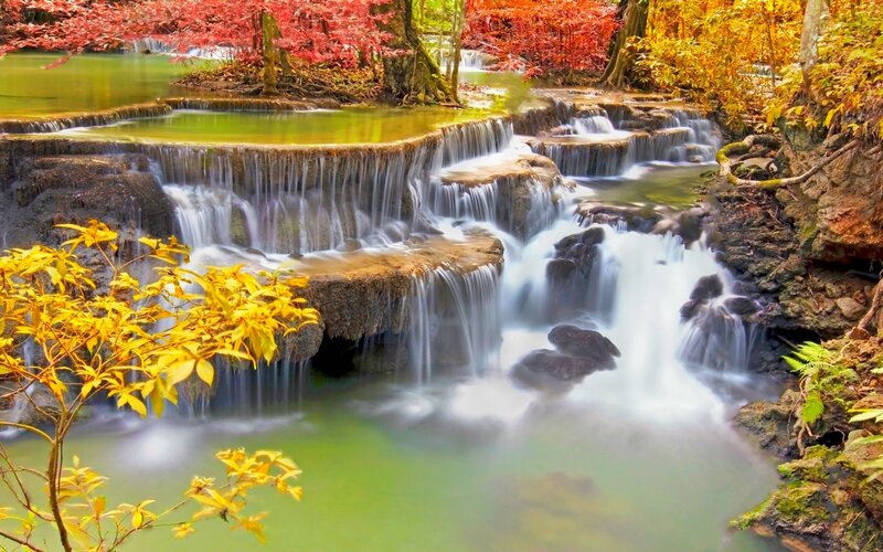 Multi-tiered Waterfall — Green, Serene, Autumn, Photograph, Trees, Rocks, Stream