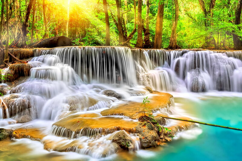 Multi-tiered Waterfall — Green, Serene, Morning, Photograph