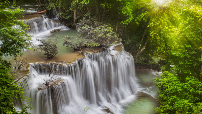 Multi-tiered Waterfall — Green, Serene, Morning