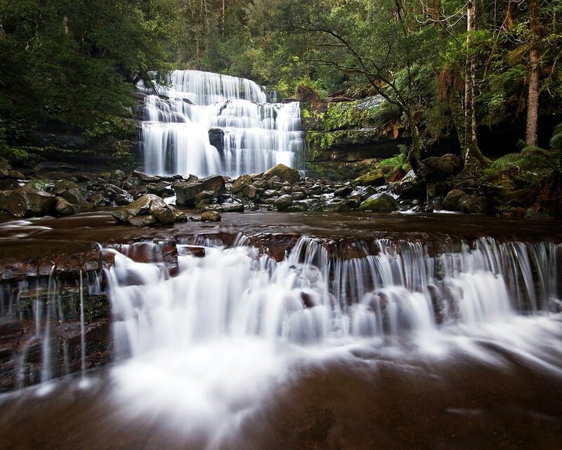 Multi-tiered Waterfall — Green, Serene, Photograph, Forest, Rocks, Stream