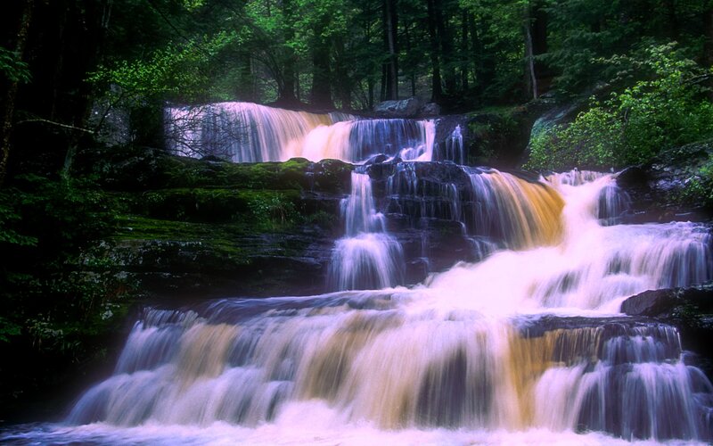Multi-tiered Waterfall — Green, Serene, Photograph, Forest, Rocks