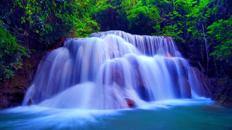Multi-tiered Waterfall — Green, Serene, Photograph, Forest