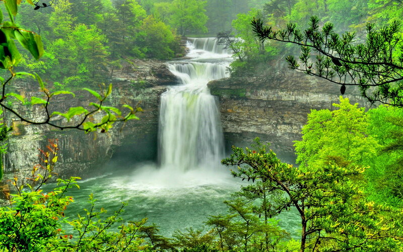 Multi-tiered Waterfall — Green, Serene, Spring, Photograph