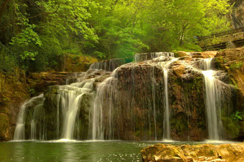 Multi-tiered Waterfall — Green, Serene, Summer, Photograph