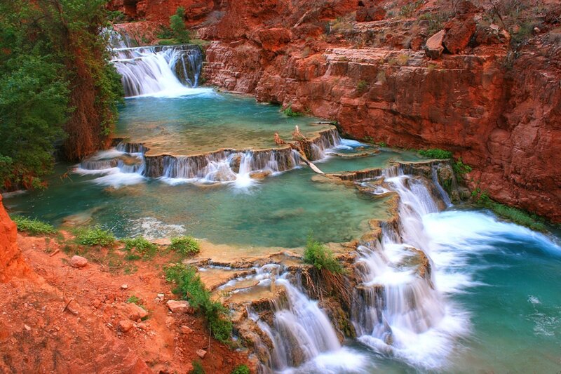 Multi-tiered Waterfall — Red, Serene, Afternoon