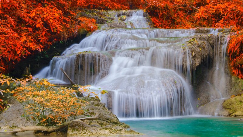 Multi-tiered Waterfall — Red, Serene, Autumn, Photograph, Fallen Leaves