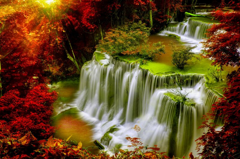 Multi-tiered Waterfall — Red, Serene, Autumn, Photograph