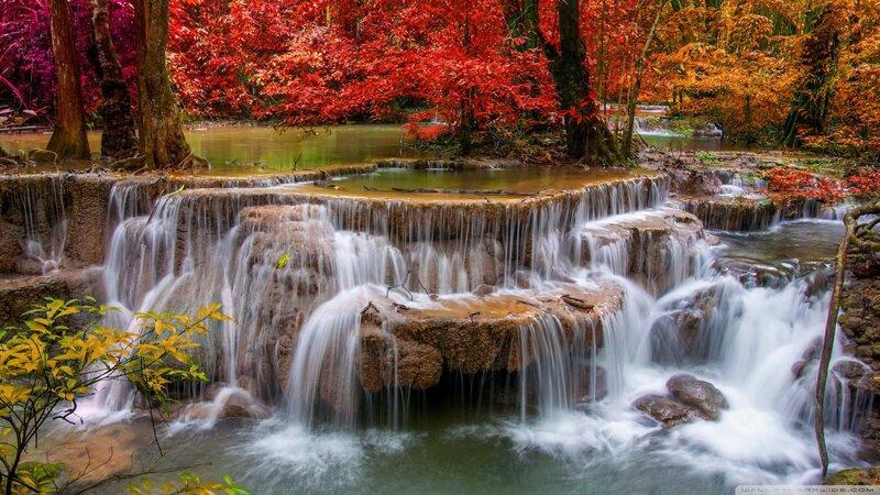 Multi-tiered Waterfall — Red, Serene, Autumn, Photograph, Trees, Fallen Leaves