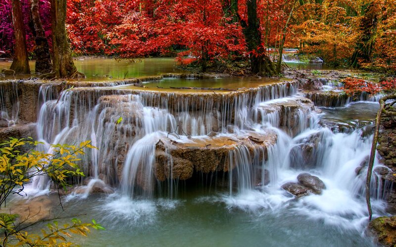Multi-tiered Waterfall — Red, Serene, Autumn, Photograph, Trees, Forest, River