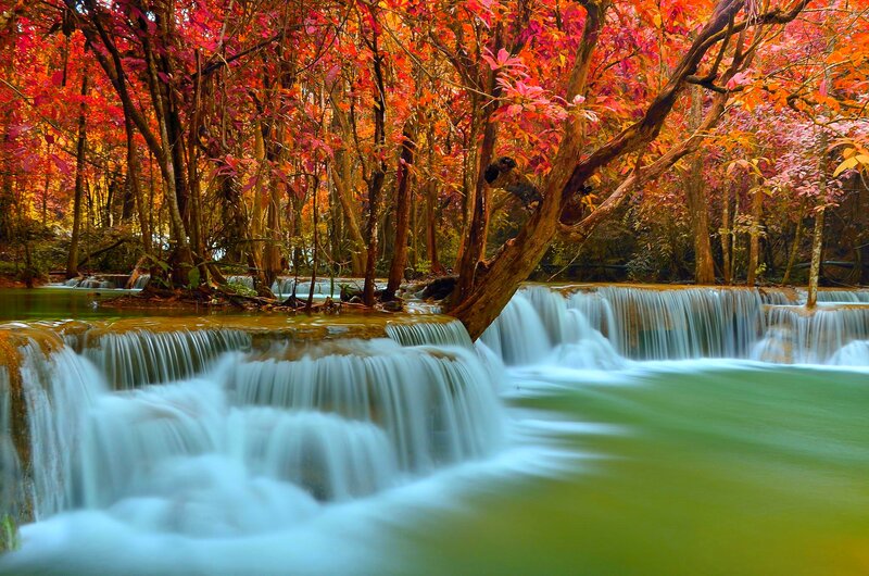 Multi-tiered Waterfall — Red, Serene, Autumn, Photograph, Trees, Forest