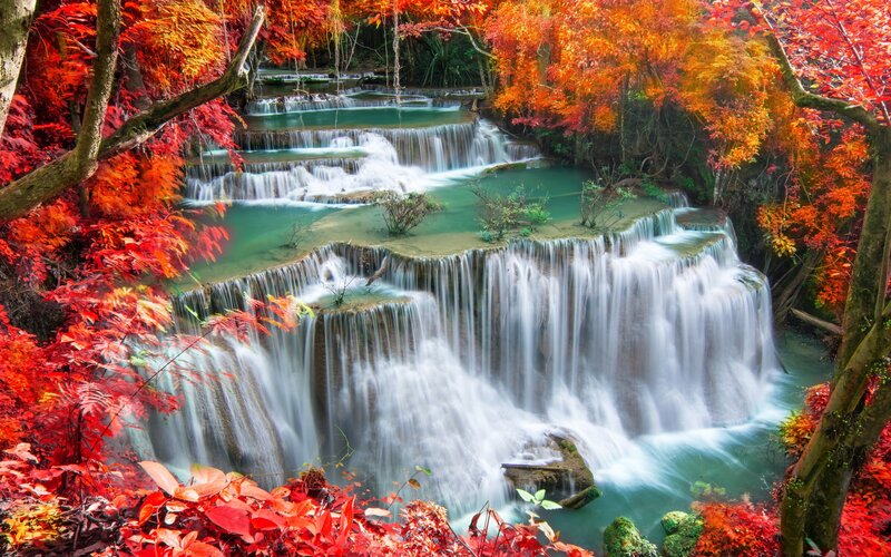 Multi-tiered Waterfall — Red, Serene, Autumn, Photograph, Trees, Leaves