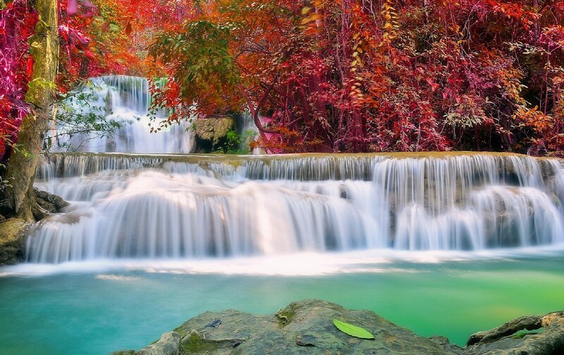 Multi-tiered Waterfall — Red, Serene, Autumn, Photograph, Trees, Rocks, Pool