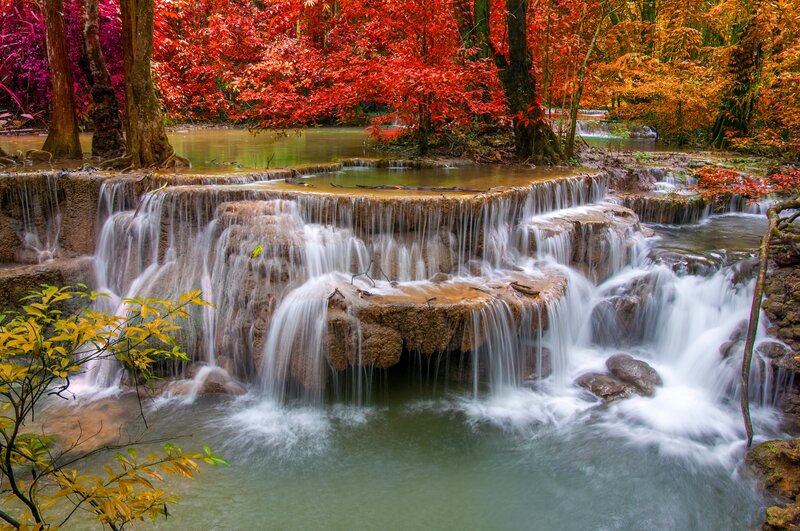 Multi-tiered Waterfall — Red, Serene, Autumn, Photograph, Trees, Rocks, Stream