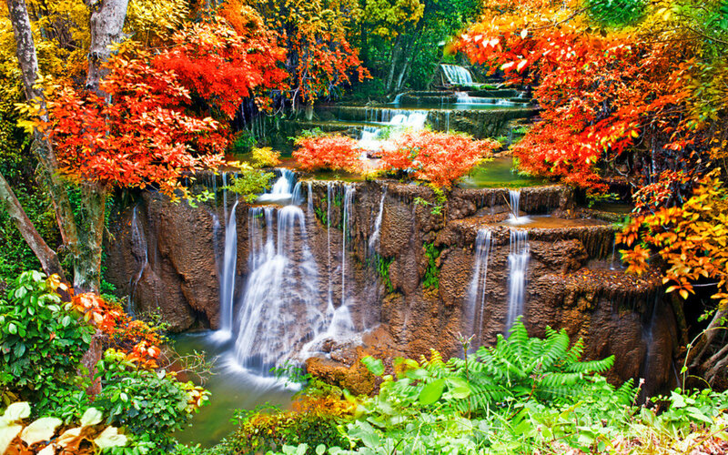 Multi-tiered Waterfall — Red, Serene, Autumn, Photograph, Trees, Rocks