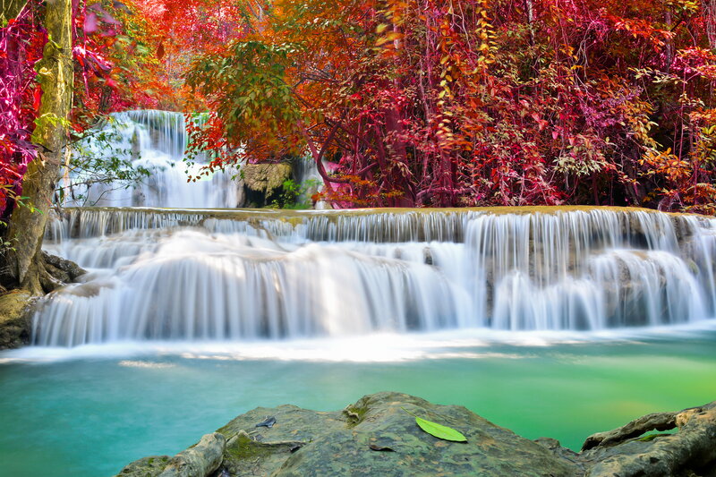 Multi-tiered Waterfall — Red, Serene, Autumn, Photograph, Trees