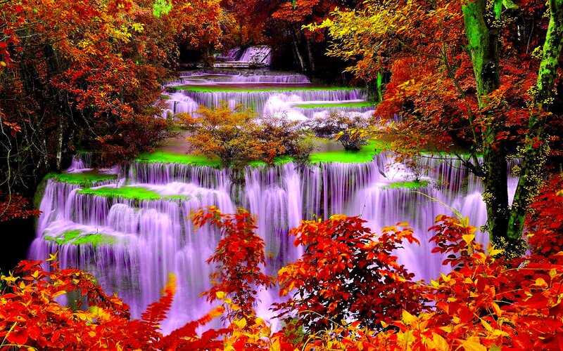 Multi-tiered Waterfall — Red, Serene, Autumn