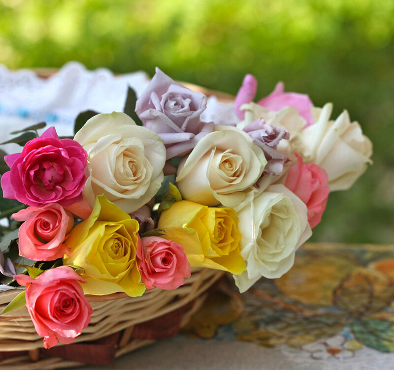 Multicolored Roses in Basket
