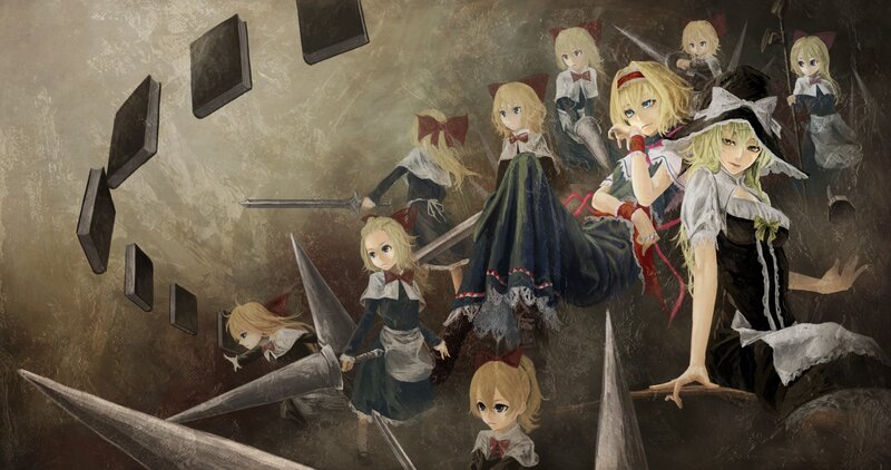 Multiple girls with swords in a dark tunnel