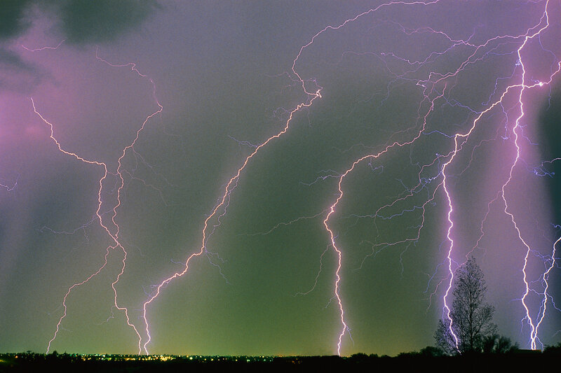 Multiple lightning strikes at night