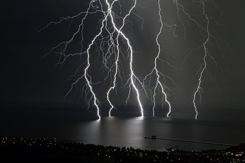 Multiple Lightning Strikes — Black, Dramatic, Night
