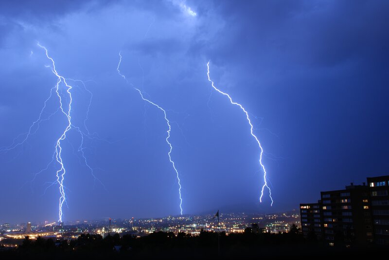Multiple Lightning Strikes — Blue, Dramatic, Night, Photograph, City