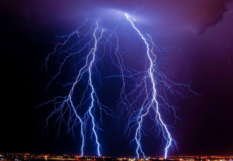 Multiple Lightning Strikes — Blue, Dramatic, Night, Photograph, Sky, City Lights