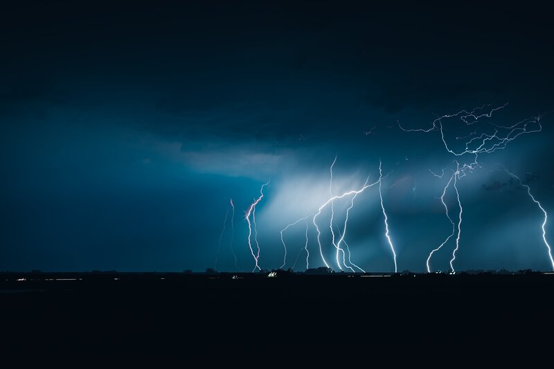Multiple Lightning Strikes — Blue, Dramatic, Night, Photograph, Sky, Clouds