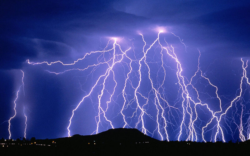 Multiple Lightning Strikes — Blue, Dramatic, Night, Photograph, Sky