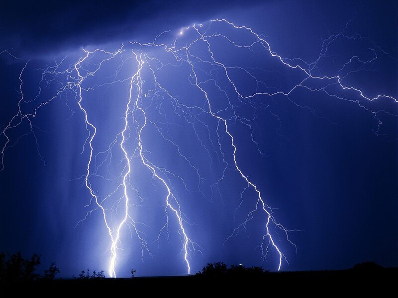 Multiple Lightning Strikes — Blue, Dramatic, Night, Photograph, Sky, Trees, Windmill