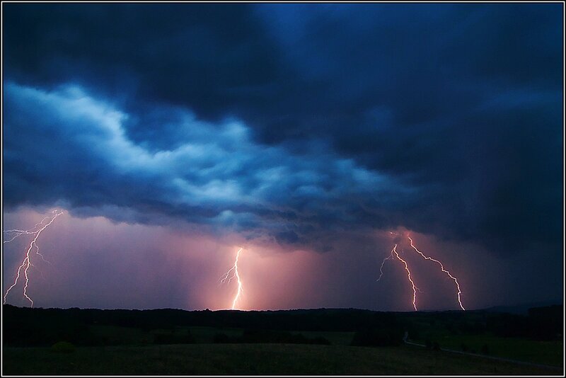 Multiple Lightning Strikes — Blue, Dramatic, Night, Photograph, Storm Clouds