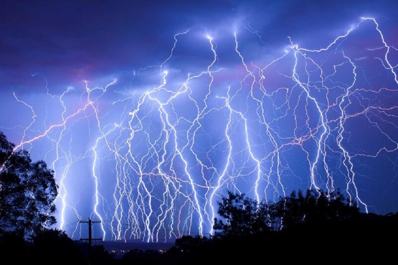 Multiple Lightning Strikes — Blue, Dramatic, Night, Photograph, Trees
