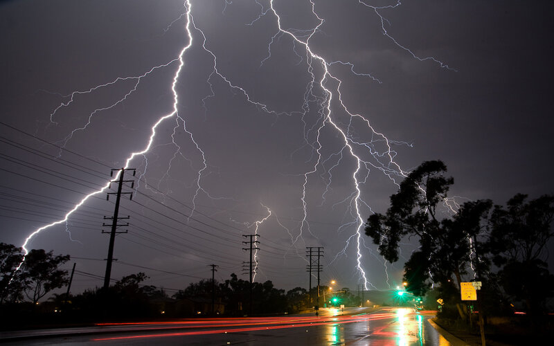 Multiple Lightning Strikes — Gray, Dramatic, Night