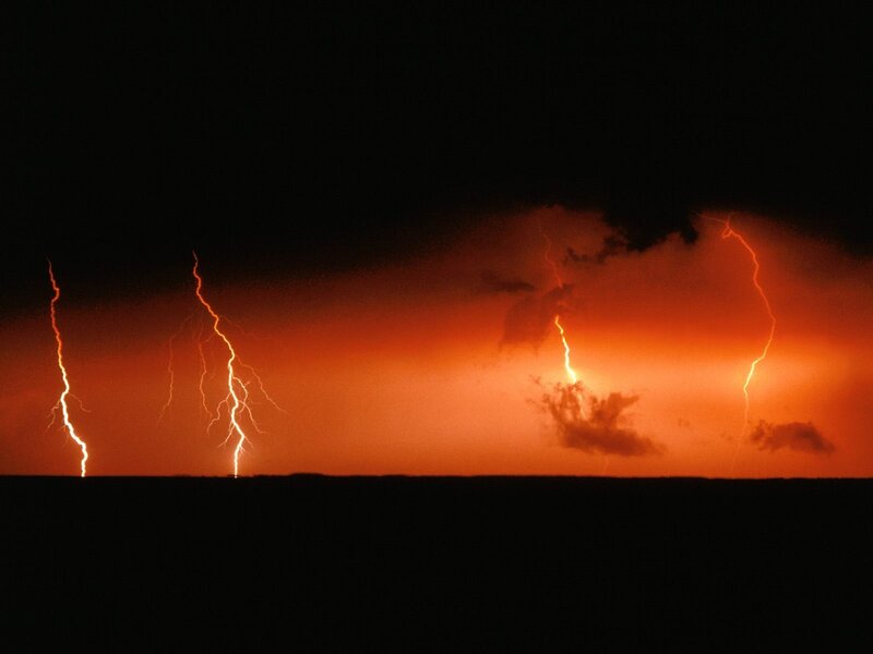 Multiple Lightning Strikes — Orange, Dramatic, Night, Photograph