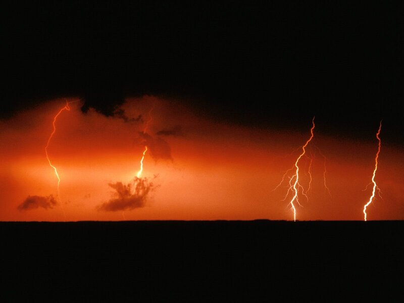 Multiple Lightning Strikes — Orange, Dramatic, Night