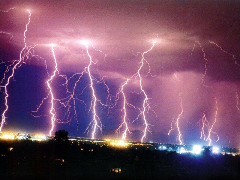 Multiple Lightning Strikes — Purple, Dramatic, Night, Photograph, City Lights, Clouds, Trees