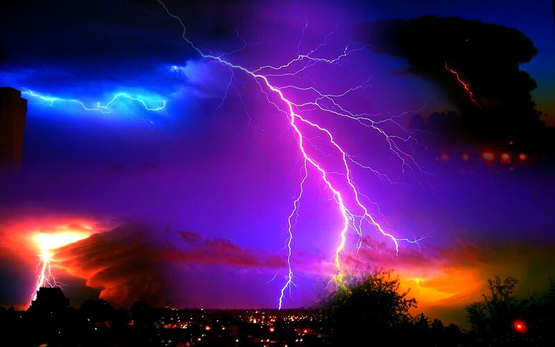 Multiple Lightning Strikes — Purple, Dramatic, Night, Photograph, City Lights