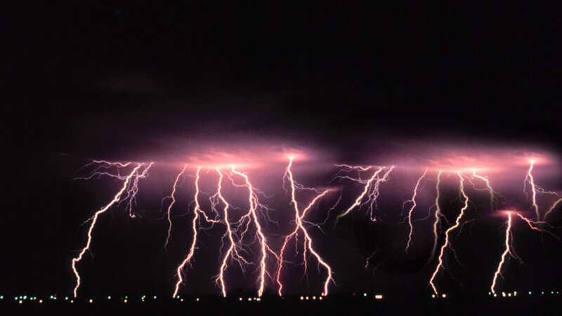 Multiple Lightning Strikes — Purple, Dramatic, Night, Photograph, Clouds, City Lights