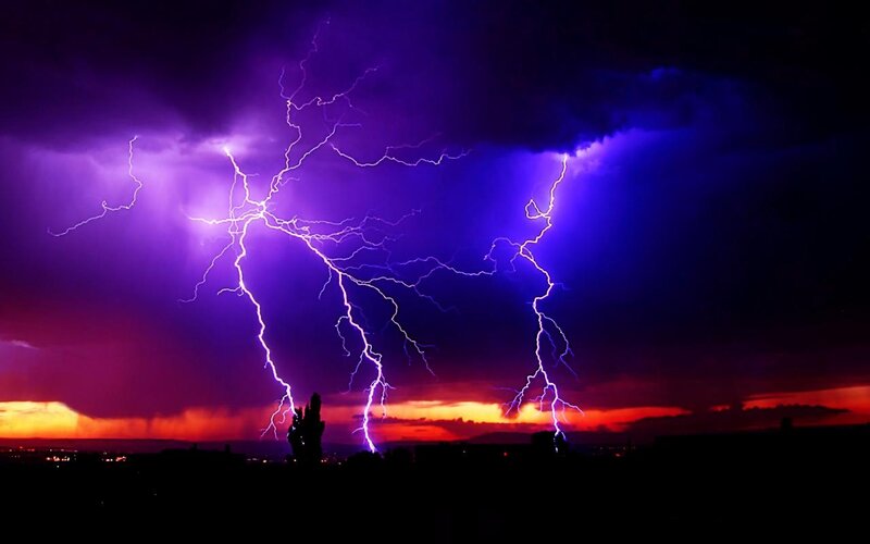 Multiple Lightning Strikes — Purple, Dramatic, Night, Photograph, Clouds, Cityscape
