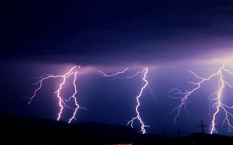 Multiple Lightning Strikes — Purple, Dramatic, Night, Photograph, Clouds, Power Lines