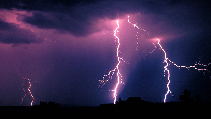 Multiple Lightning Strikes — Purple, Dramatic, Night, Photograph, Clouds, Silhouette, Buildings