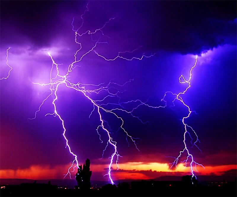Multiple Lightning Strikes — Purple, Dramatic, Night, Photograph, Clouds, Silhouette