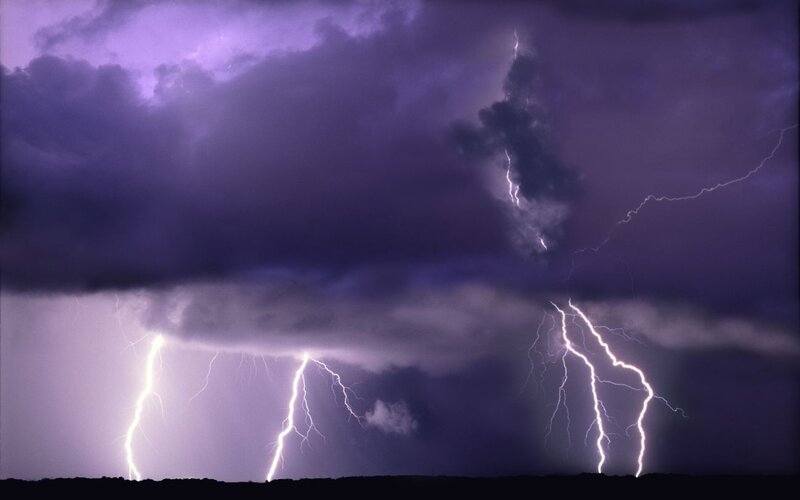 Multiple Lightning Strikes — Purple, Dramatic, Night, Photograph, Clouds, Sky, Ground