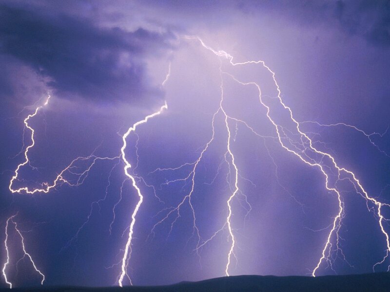 Multiple Lightning Strikes — Purple, Dramatic, Night, Photograph, Clouds, Sky, Ground, White