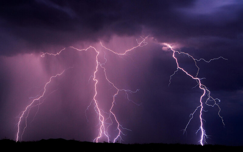 Multiple Lightning Strikes — Purple, Dramatic, Night, Photograph, Clouds, Sky, Silhouette