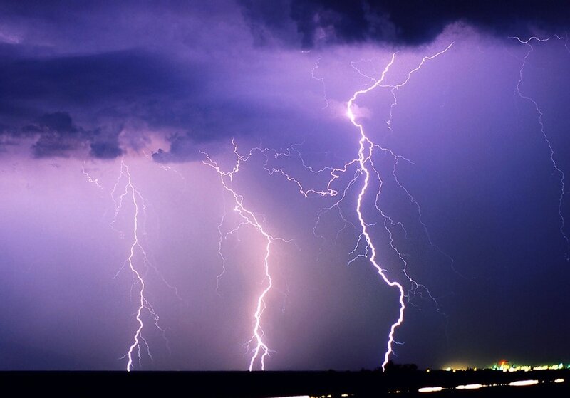 Multiple Lightning Strikes — Purple, Dramatic, Night, Photograph, Clouds