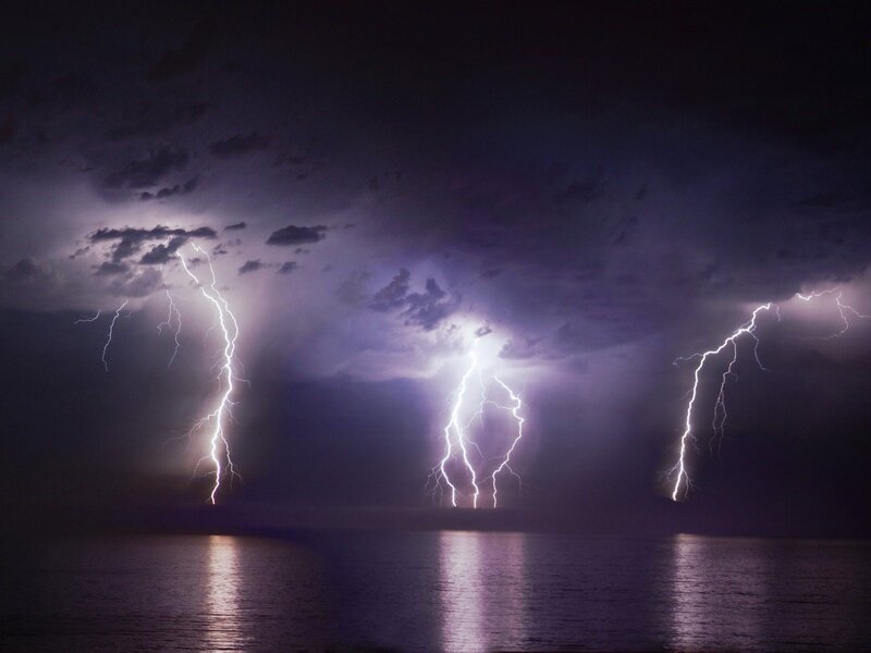 Multiple Lightning Strikes — Purple, Dramatic, Night, Photograph, Clouds, Water