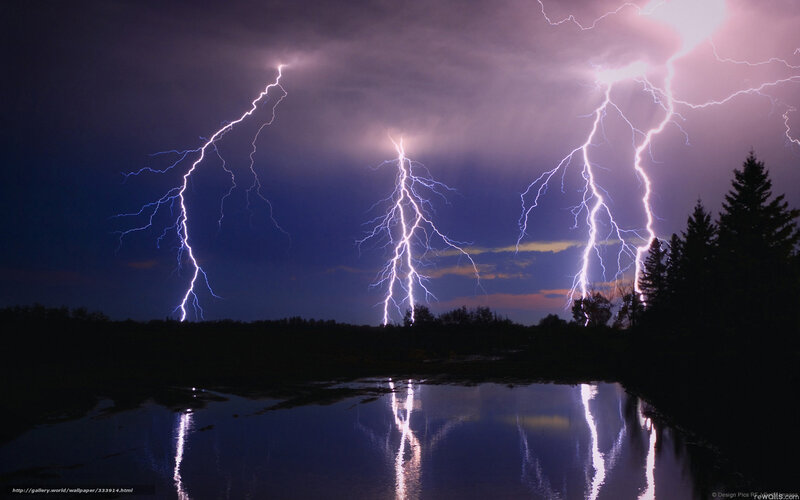 Multiple Lightning Strikes — Purple, Dramatic, Night, Photograph, Lake, Trees, Sky