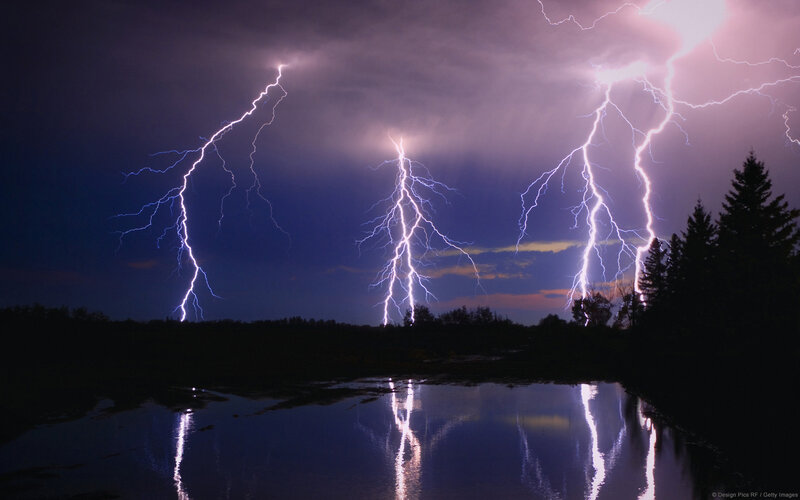 Multiple Lightning Strikes — Purple, Dramatic, Night, Photograph, Lake, Trees