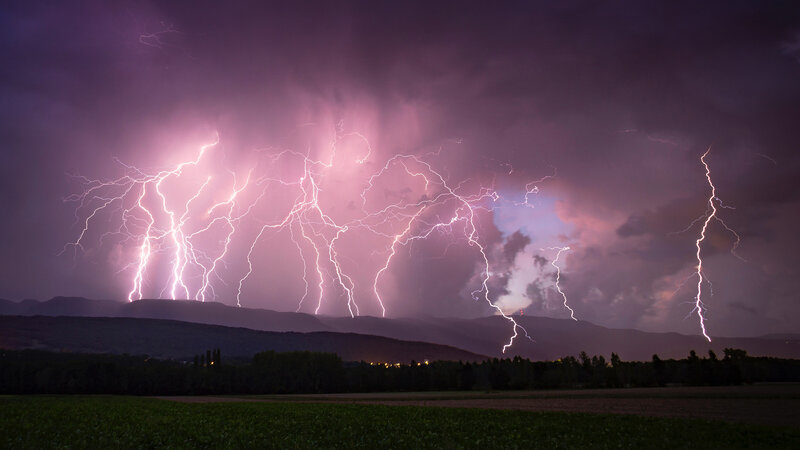 Multiple Lightning Strikes — Purple, Dramatic, Night, Photograph, Mountains, Field
